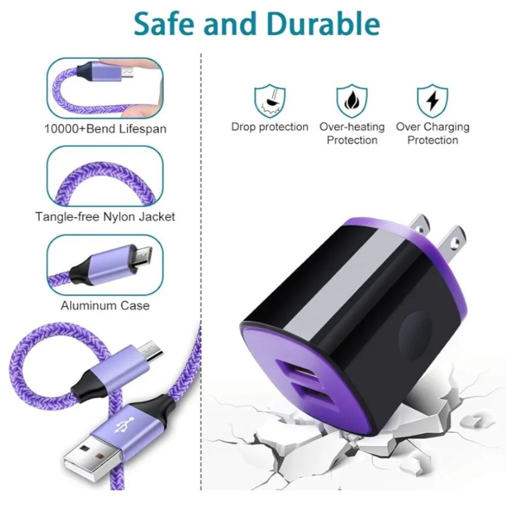 ''FAST CHARGING DUO | PURPLE MICRO USB WALL PLUG & CORD SET "
